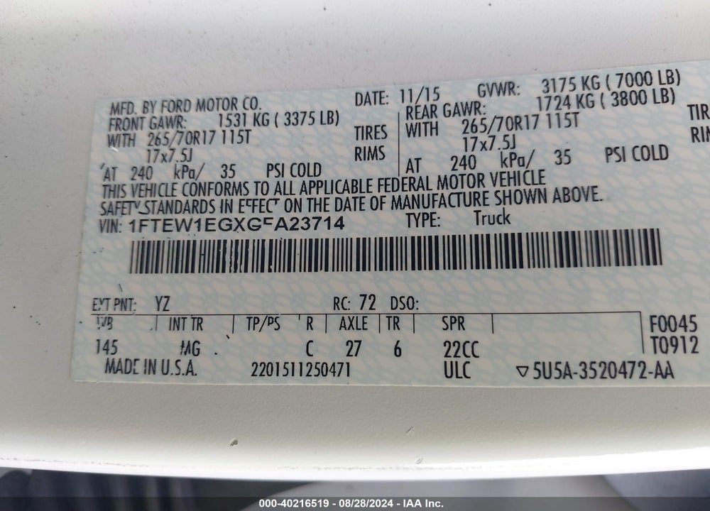 2016 FORD F-150 XLT VIN: 1FTEW1EGXGFA23714
