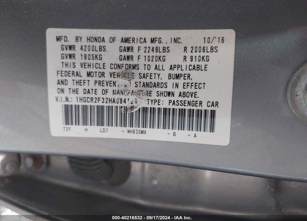 2017 HONDA ACCORD LX VIN: 1HGCR2F32HA094129