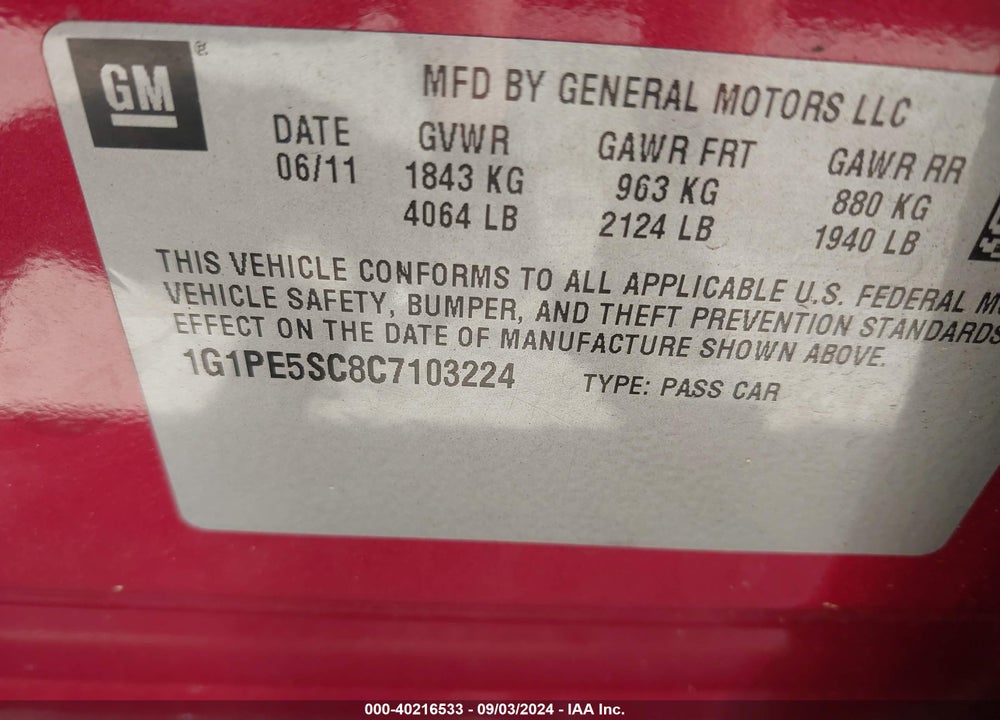 2012 CHEVROLET CRUZE LT VIN: 1G1PE5SC8C7103224