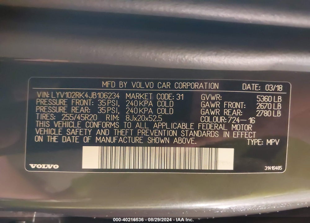 2018 VOLVO XC60 T5 MOMENTUM VIN: LYV102RK4JB106234
