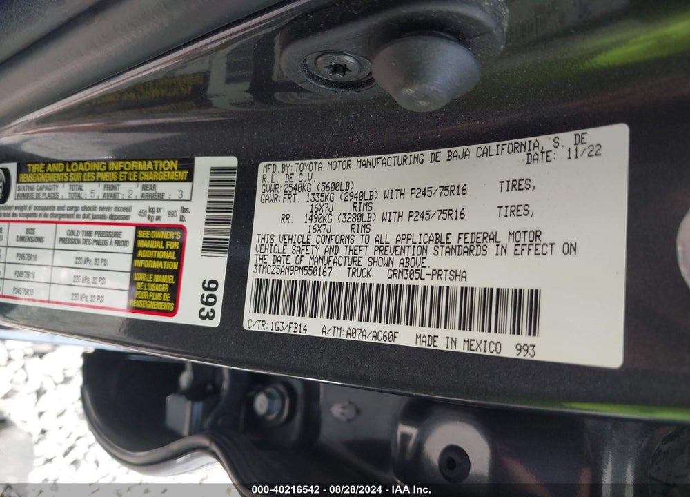 2023 TOYOTA TACOMA SR V6 VIN: 3TMCZ5AN9PM550167