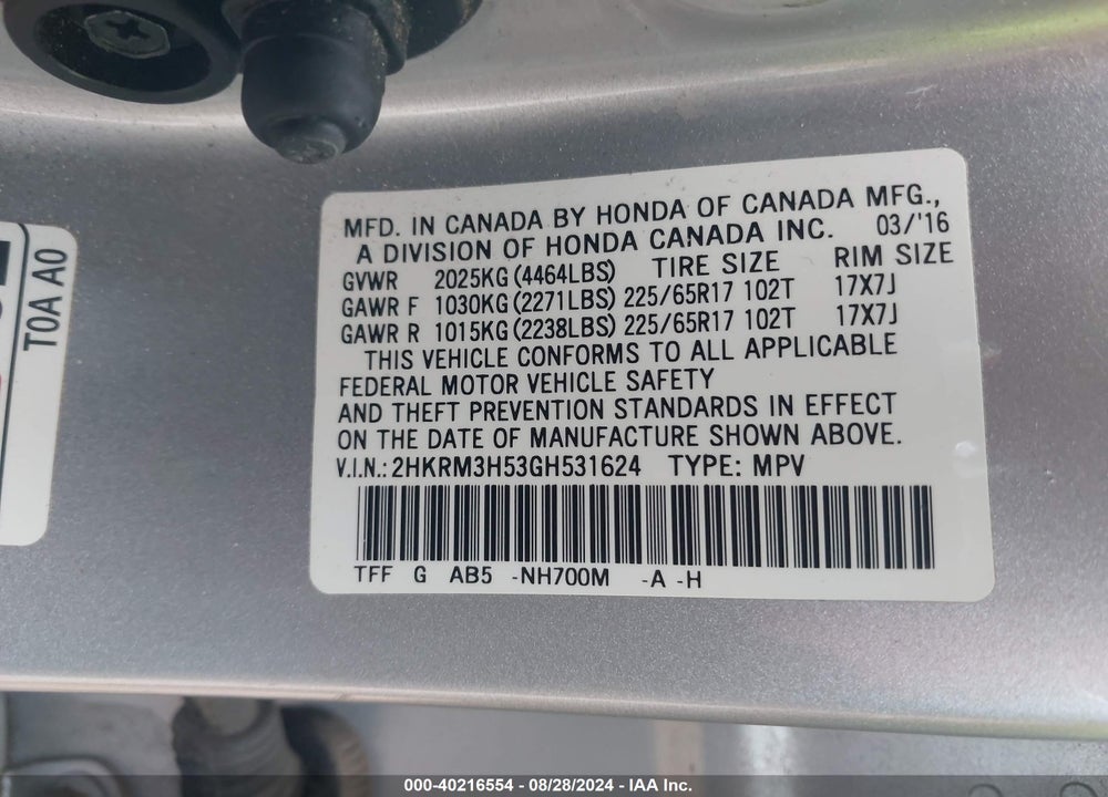 2016 HONDA CR-V EX VIN: 2HKRM3H53GH531624