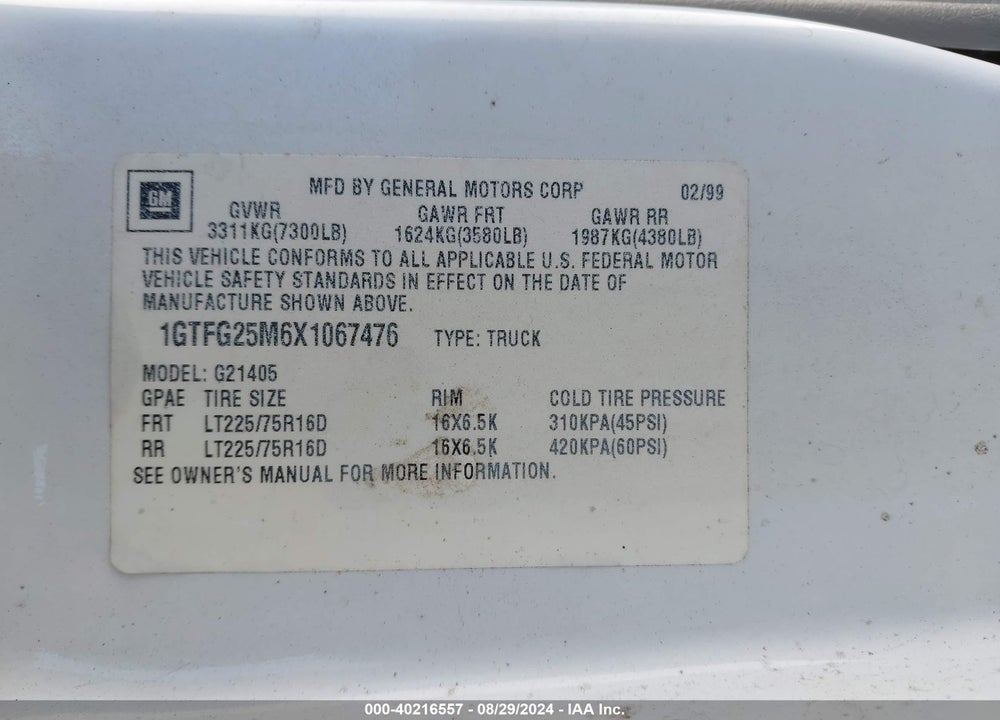 1999 GMC SAVANA STANDARD VIN: 1GTFG25M6X1067476
