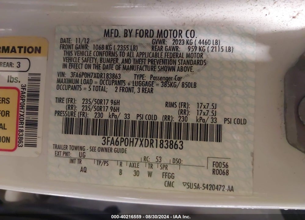 2013 FORD FUSION SE VIN: 3FA6P0H7XDR183863