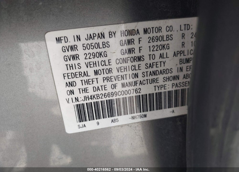 2009 ACURA RL 3.7 VIN: JH4KB26699C000762