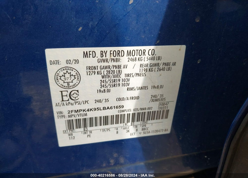 2020 FORD EDGE TITANIUM VIN: 2FMPK4K95LBA61659