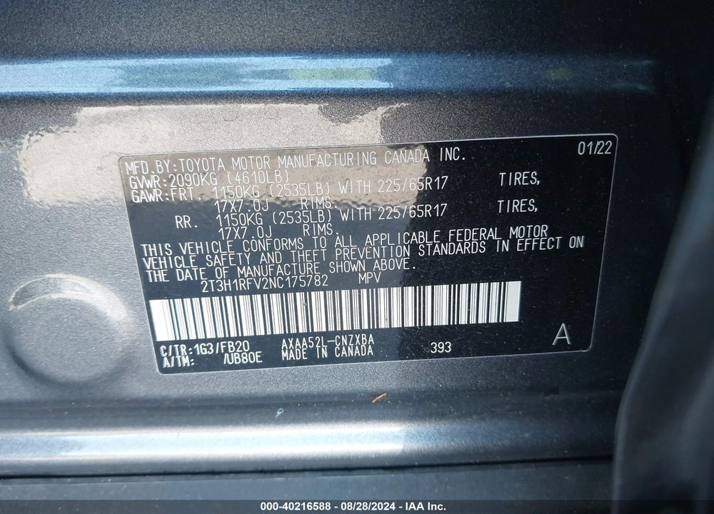 2022 TOYOTA RAV4 LE VIN: 2T3H1RFV2NC175782