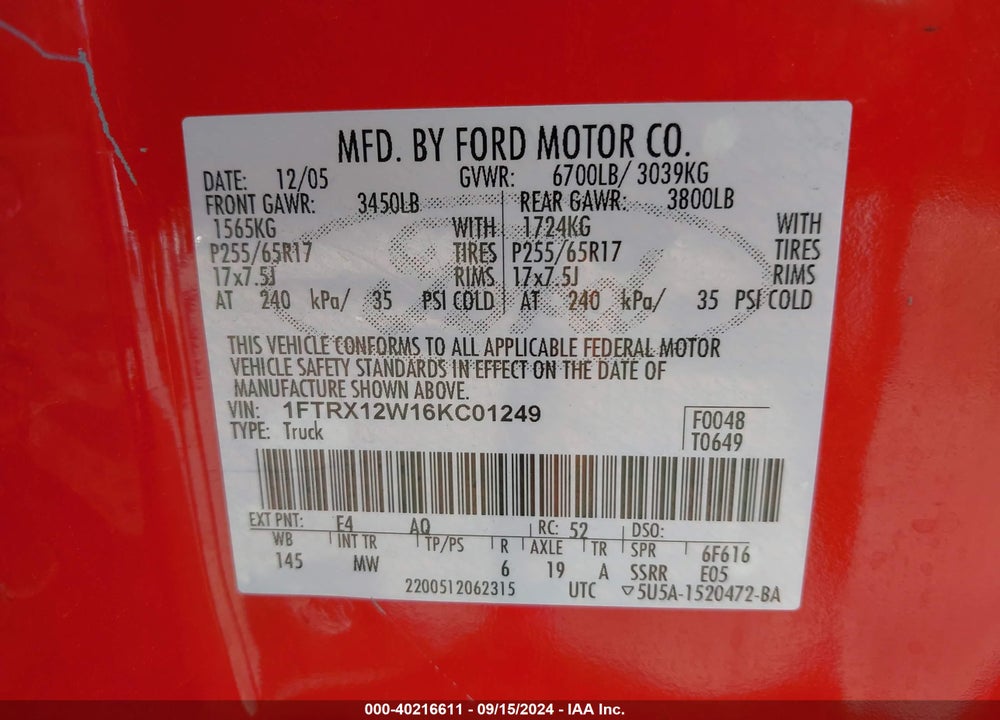 2006 FORD F-150 STX/XL/XLT VIN: 1FTRX12W16KC01249