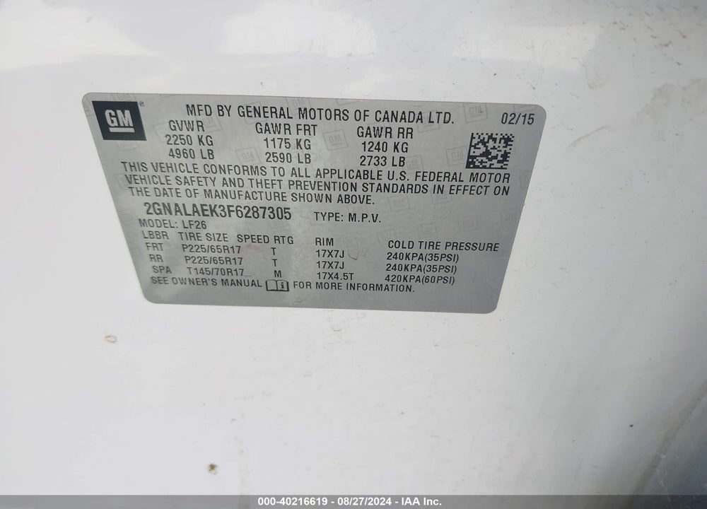 2015 CHEVROLET EQUINOX LS VIN: 2GNALAEK3F6287305