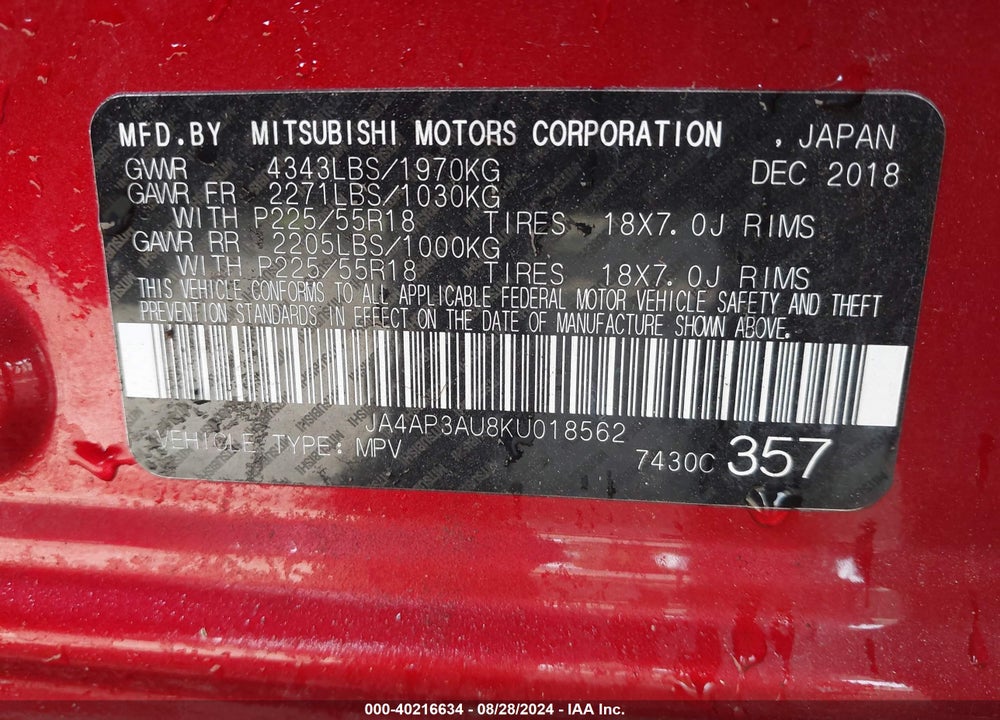 2019 MITSUBISHI OUTLANDER SPORT 2.0 ES VIN: JA4AP3AU8KU018562