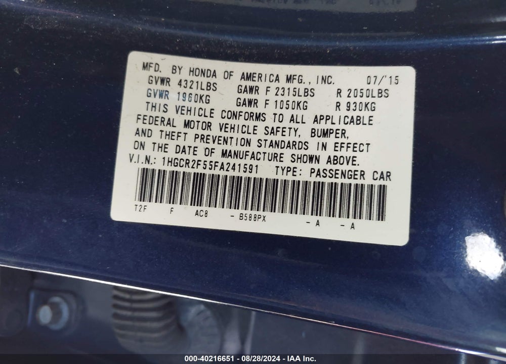 2015 HONDA ACCORD SPORT VIN: 1HGCR2F55FA241591