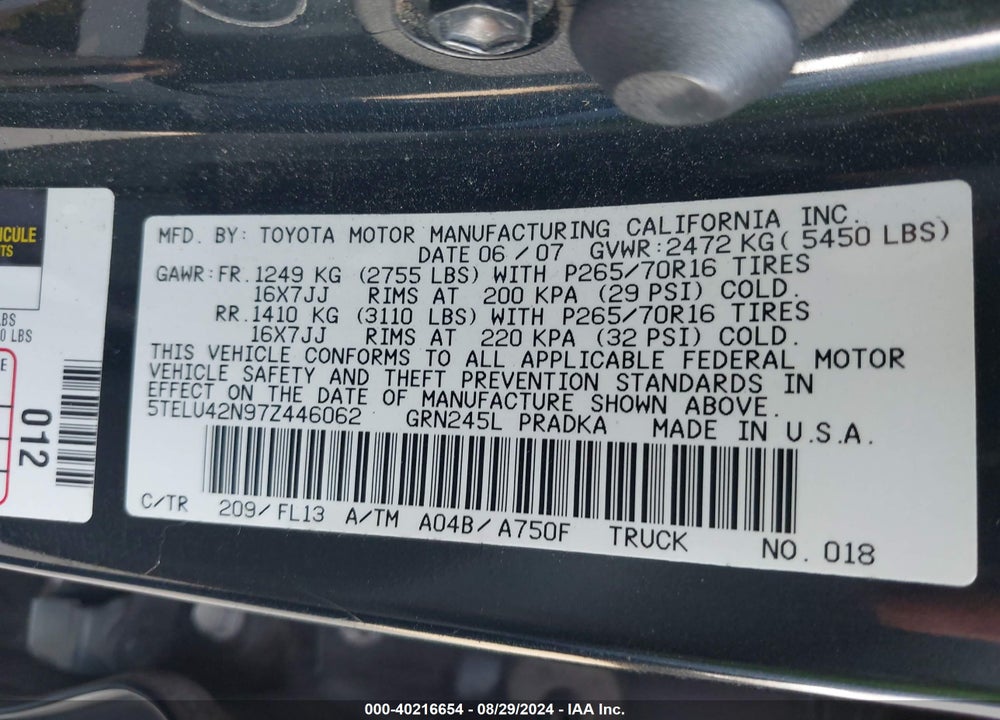2007 TOYOTA TACOMA BASE V6 VIN: 5TELU42N97Z446062