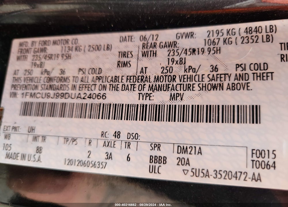 2013 FORD ESCAPE TITANIUM VIN: 1FMCU9J99DUA24066