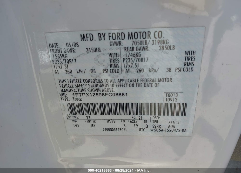 2008 FORD F-150 FX2/LARIAT/XL/XLT VIN: 1FTPX12598FC08881
