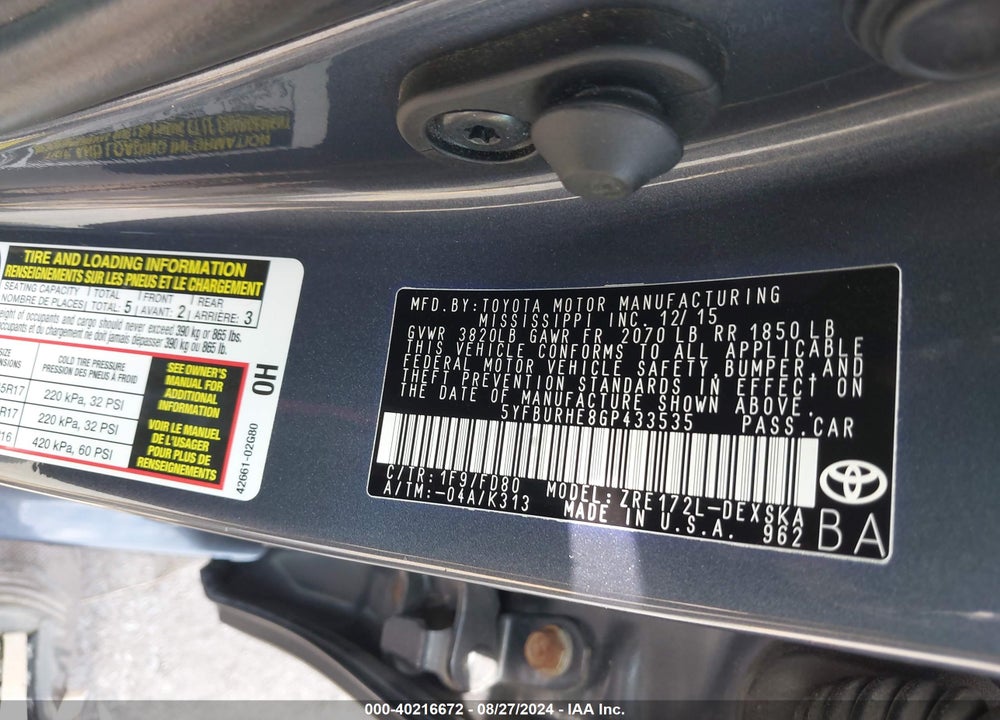 2016 TOYOTA COROLLA S PLUS VIN: 5YFBURHE8GP433535