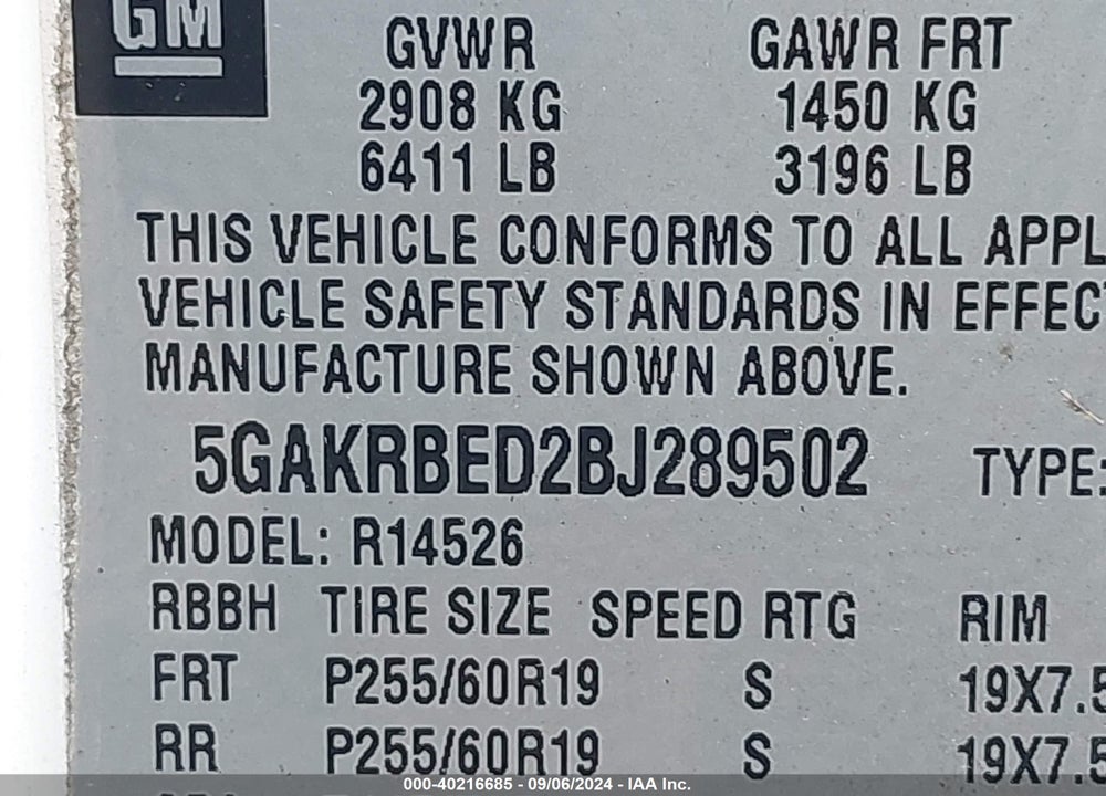 2011 BUICK ENCLAVE 1XL VIN: 5GAKRBED2BJ289502