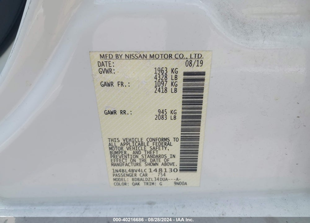 2020 NISSAN ALTIMA S FWD VIN: 1N4BL4BV4LC148130
