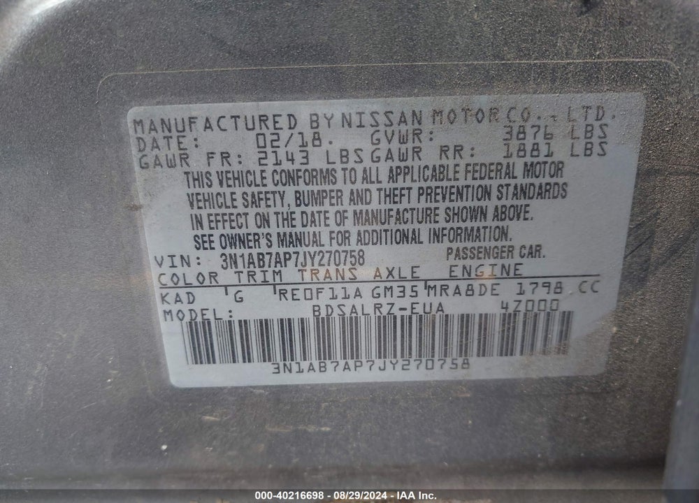 2018 NISSAN SENTRA SR VIN: 3N1AB7AP7JY270758