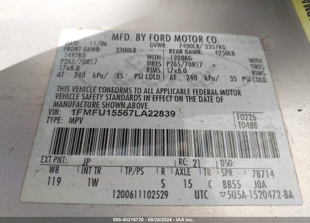 2007 FORD EXPEDITION XLT VIN: 1FMFU15567LA22839