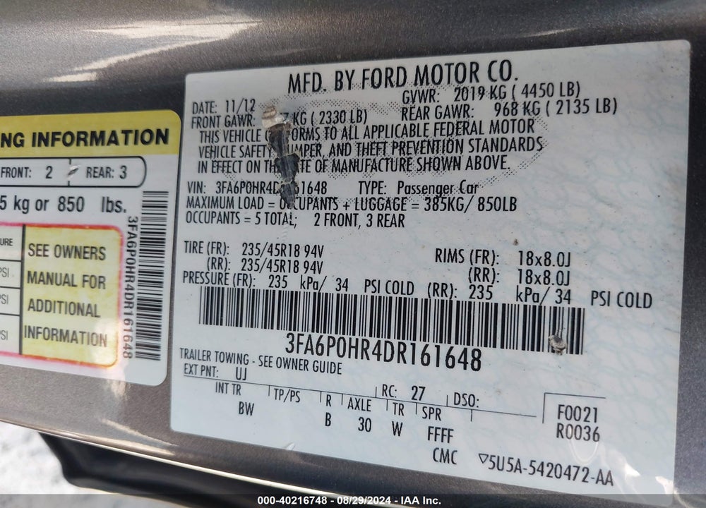 2013 FORD FUSION SE VIN: 3FA6P0HR4DR161648