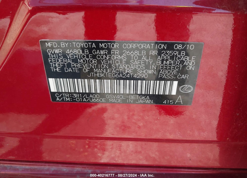 2010 LEXUS ES 350 VIN: JTHBK1EG6A2414290