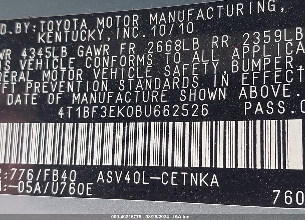 2011 TOYOTA CAMRY LE VIN: 4T1BF3EK0BU662526