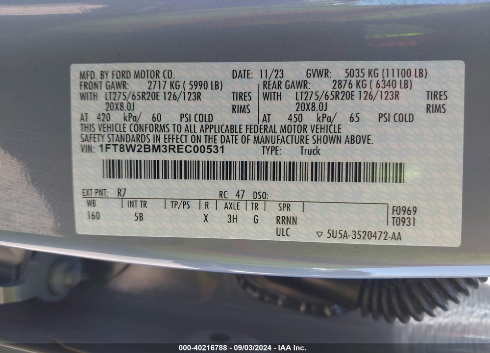 2024 FORD F-250 LARIAT VIN: 1FT8W2BM3REC00531