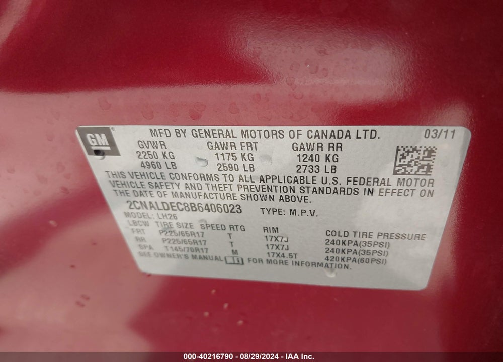 2011 CHEVROLET EQUINOX 1LT VIN: 2CNALDEC8B6406023