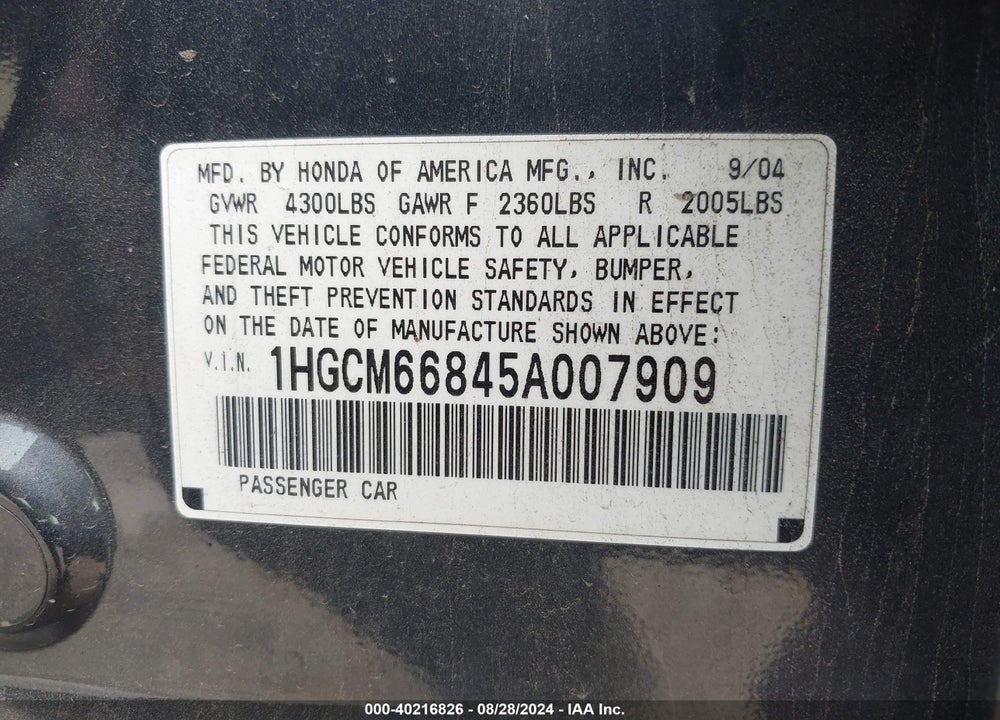 2005 HONDA ACCORD 3.0 EX VIN: 1HGCM66845A007909