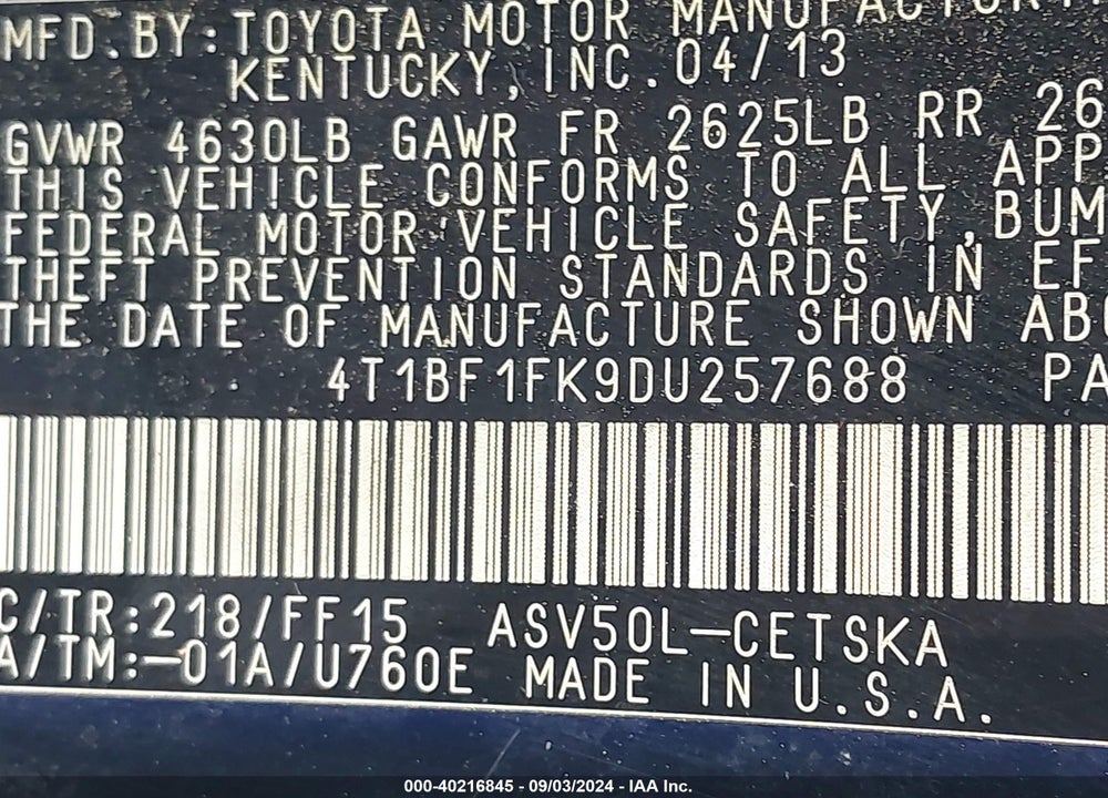 2013 TOYOTA CAMRY SE VIN: 4T1BF1FK9DU257688