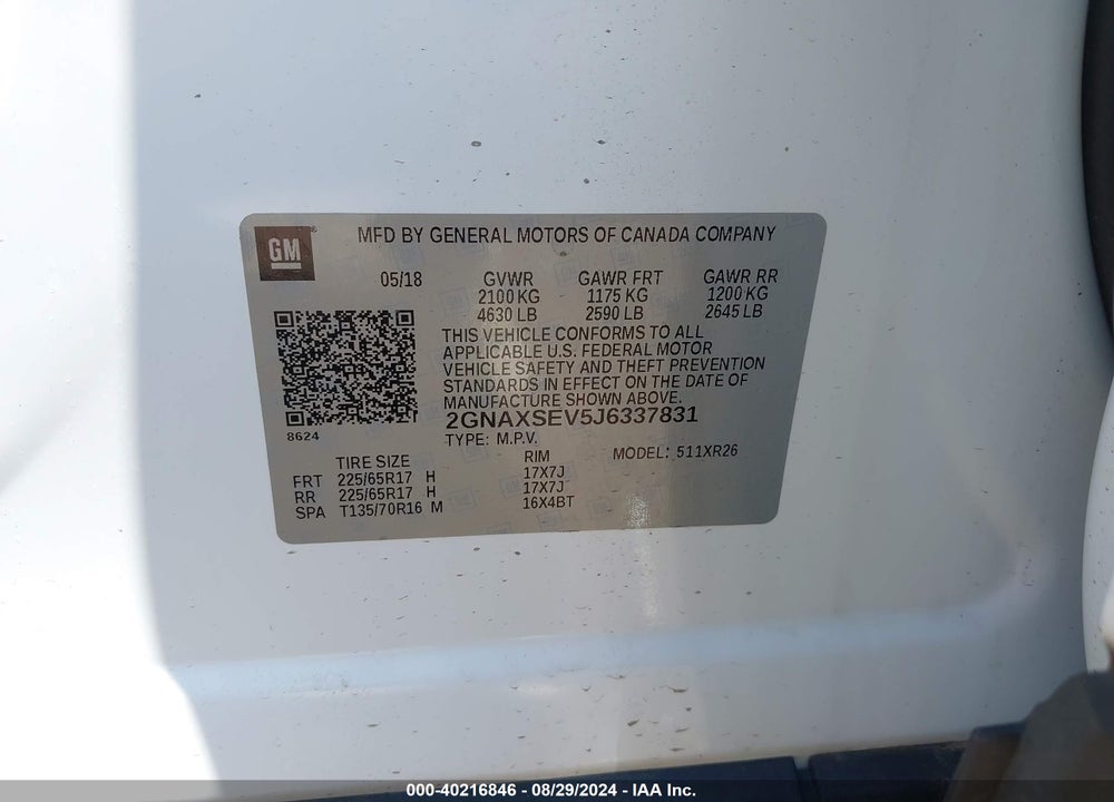 2018 CHEVROLET EQUINOX LT VIN: 2GNAXSEV5J6337831