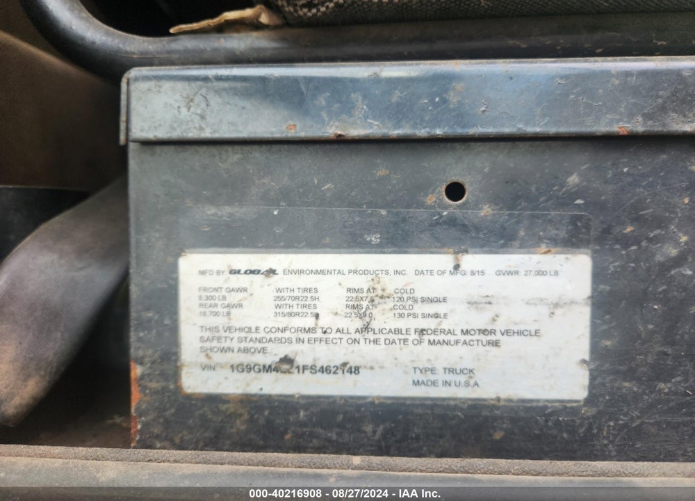 2015 GLOBAL ENVIRONMENTAL MECHANICAL VIN: 1G9GM4LL1FS462148
