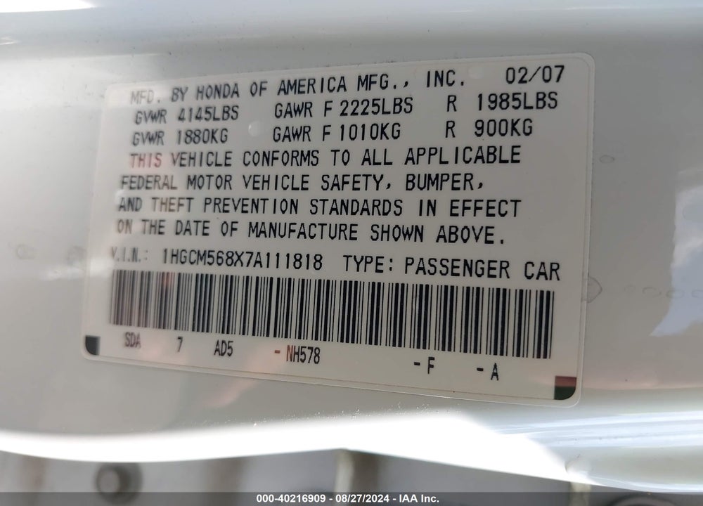 2007 HONDA ACCORD 2.4 EX VIN: 1HGCM568X7A111818
