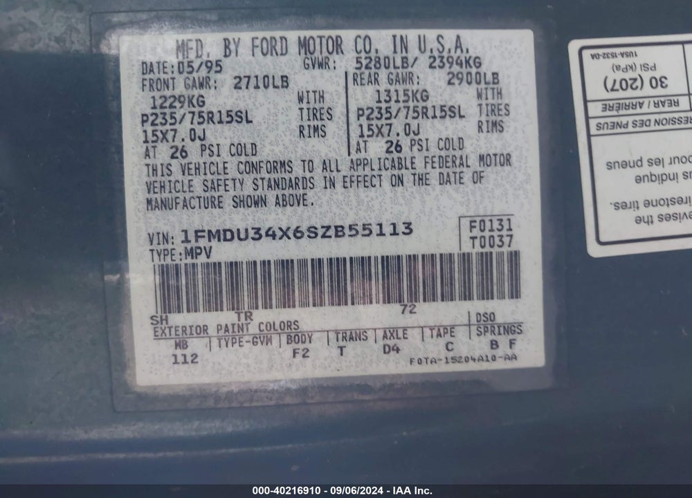 1995 FORD EXPLORER VIN: 1FMDU34X6SZB55113