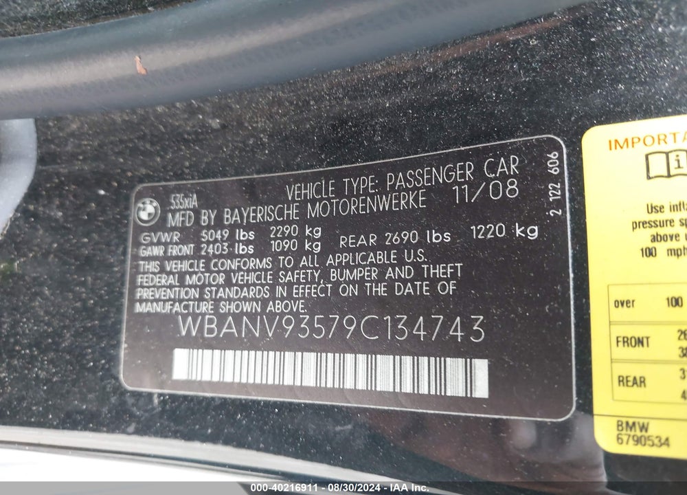 2009 BMW 535I XDRIVE VIN: WBANV93579C134743