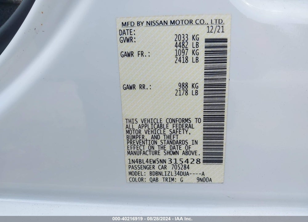 2022 NISSAN ALTIMA SL INTELLIGENT AWD VIN: 1N4BL4EW5NN315428