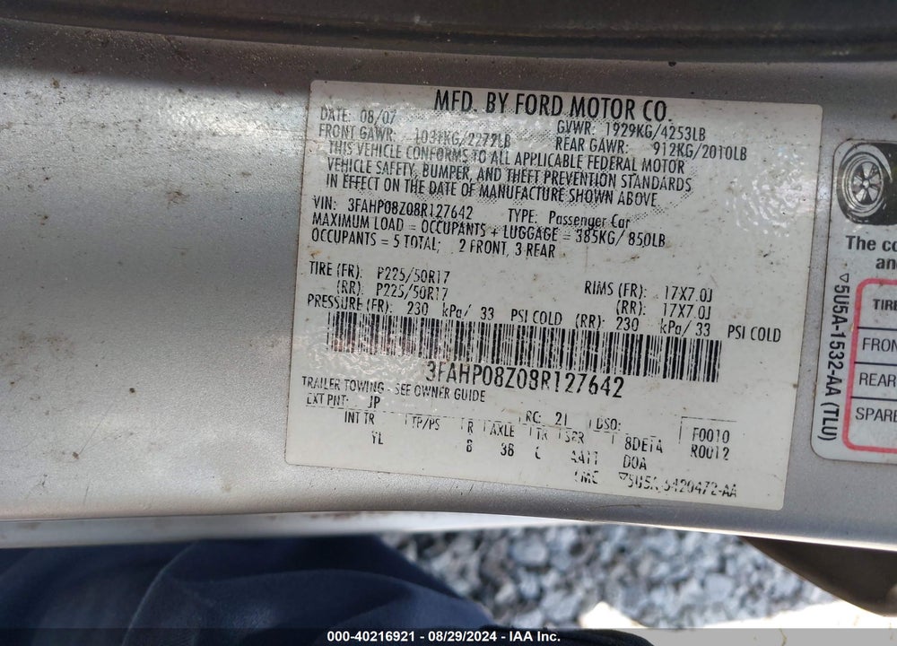 2008 FORD FUSION SEL VIN: 3FAHP08Z08R127642