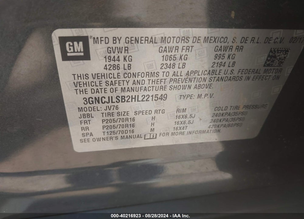 2017 CHEVROLET TRAX LT VIN: 3GNCJLSB2HL221549