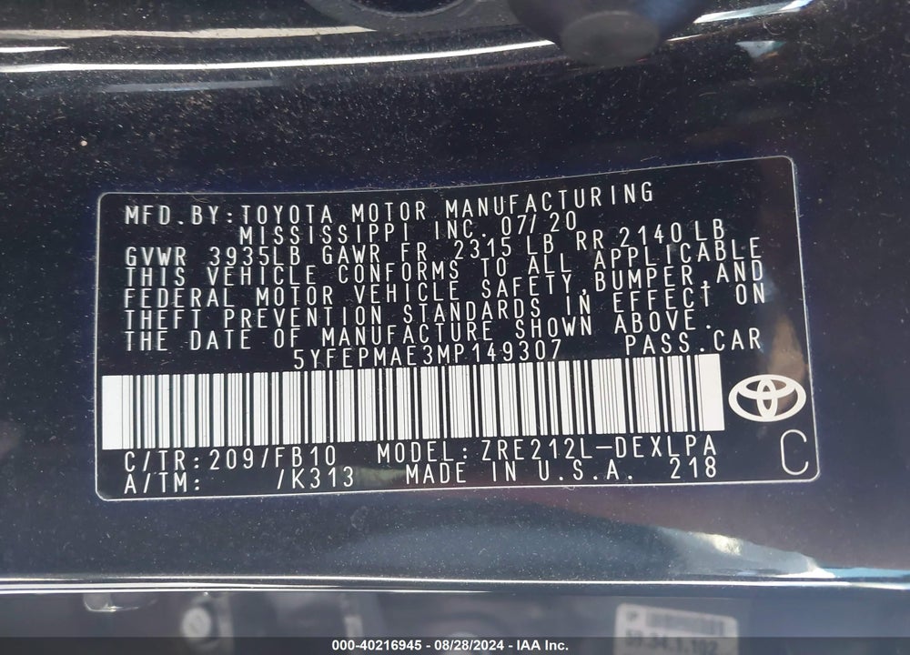 2021 TOYOTA COROLLA LE VIN: 5YFEPMAE3MP149307