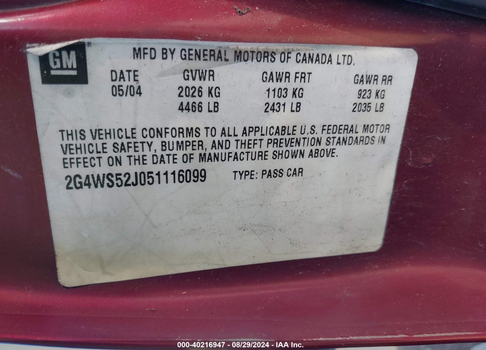 2005 BUICK CENTURY VIN: 2G4WS52J051116099