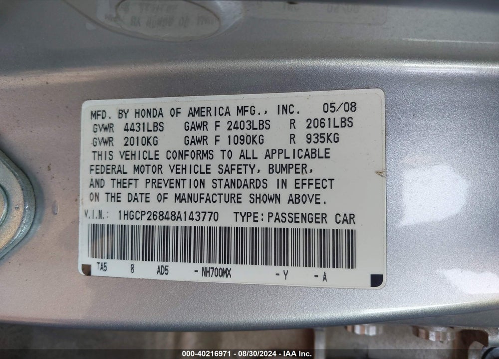 2008 HONDA ACCORD 2.4 EX-L VIN: 1HGCP26848A143770