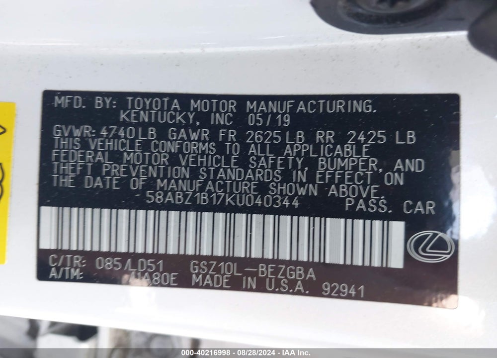 2019 LEXUS ES 350 VIN: 58ABZ1B17KU040344