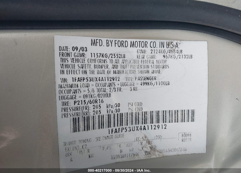 2004 FORD TAURUS SE VIN: 1FAFP53UX4A112912