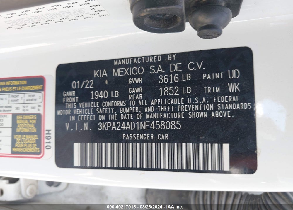 2022 KIA RIO S VIN: 3KPA24AD1NE458085
