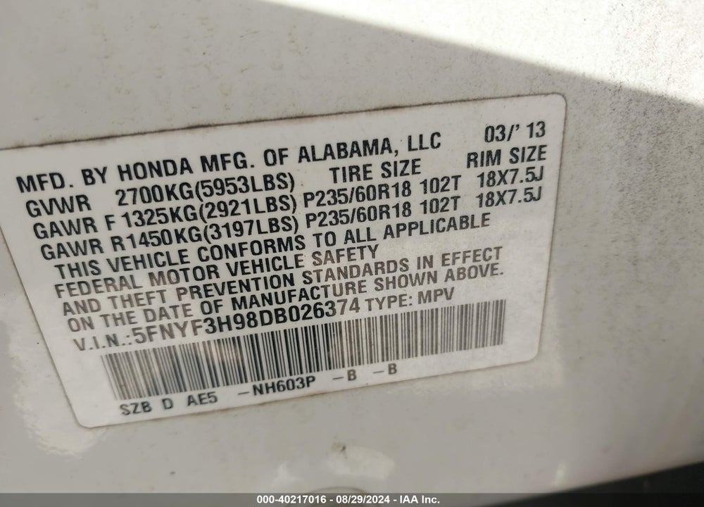 2013 HONDA PILOT TOURING VIN: 5FNYF3H98DB026374