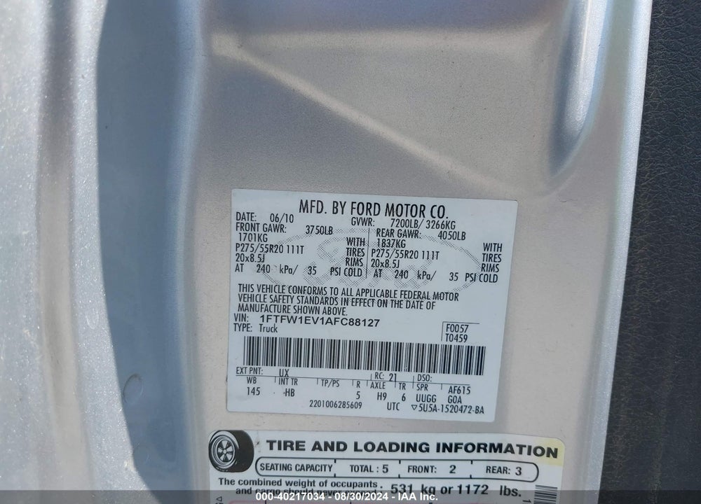 2010 FORD F-150 FX4/HARLEY-DAVIDSON/KING RANCH/LARIAT/PLATINUM/XL/XLT VIN: 1FTFW1EV1AFC88127