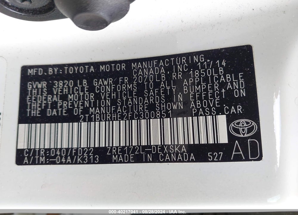 2015 TOYOTA COROLLA S PLUS VIN: 2T1BURHE2FC300851
