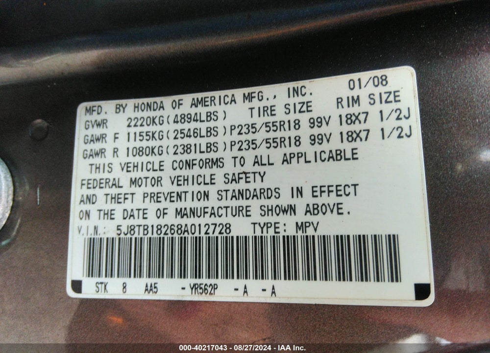 2008 ACURA RDX VIN: 5J8TB18268A012728