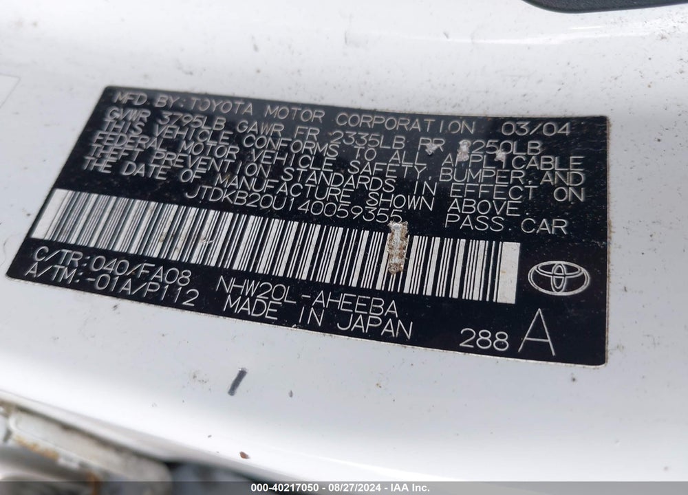 2004 TOYOTA PRIUS VIN: JTDKB20U140059355