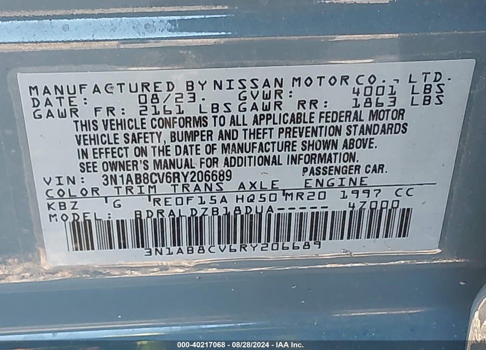2024 NISSAN SENTRA SV XTRONIC CVT VIN: 3N1AB8CV6RY206689